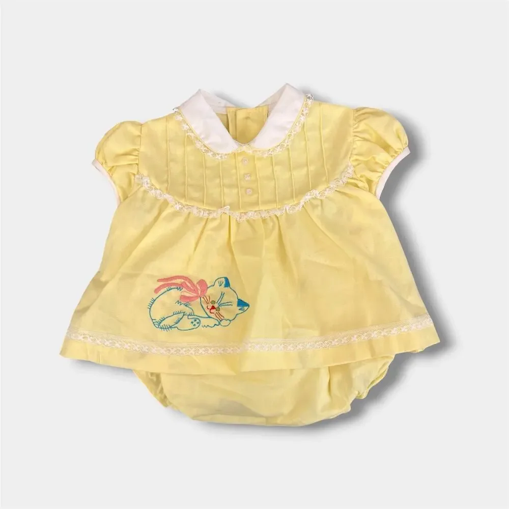 Vintage Cradle Togs Embroidered Cat Yellow Dress Set Lace Ruffle Small NWOT